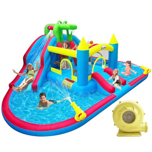 Rolonal Inflatable Bounce House with Water Slides,Double Ball Pit/Water Pool,Crocodile Styling,Climbing Wall,Outdoor Kids Bouncy Castle with Air Blower | Amazon (US)