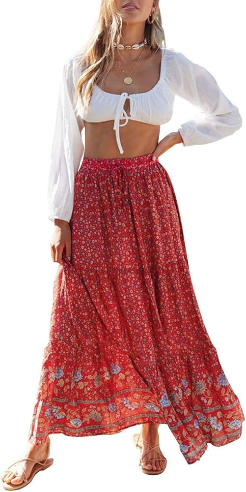 ZESICA Women's 2024 Bohemian Floral Printed Elastic Waist A Line Maxi Skirt with Pockets | Amazon (US)