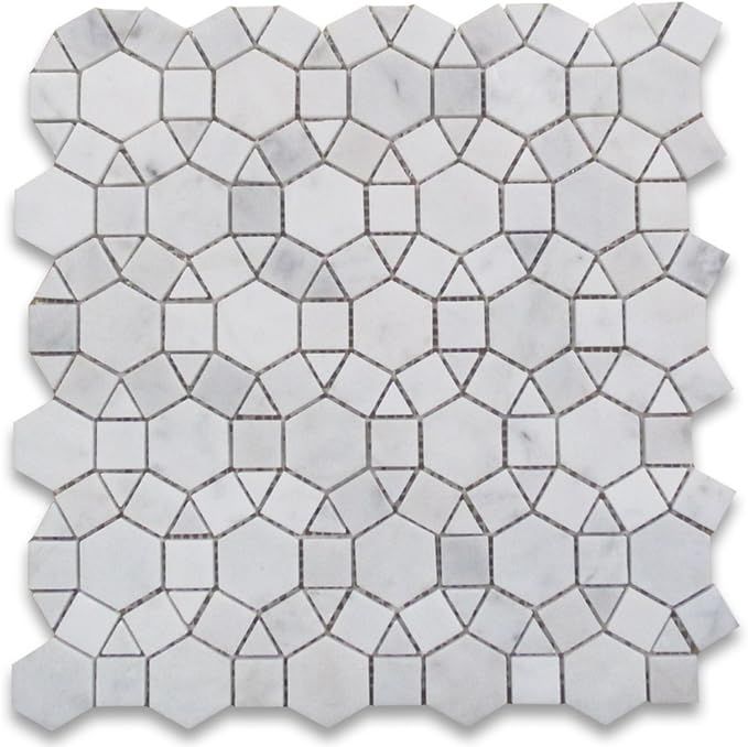 Carrara White Marble 1-1/2 inch Hexagon Sunflower Ring Waterjet Mosaic Tile Polished Kitchen Bath... | Amazon (US)
