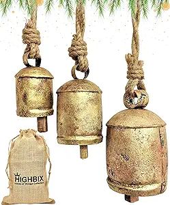 HIGHBIX Set of 3 Harmony Cow Bells Vintage Handmade Rustic Lucky Christmas Hanging Bells On Rope | Amazon (US)