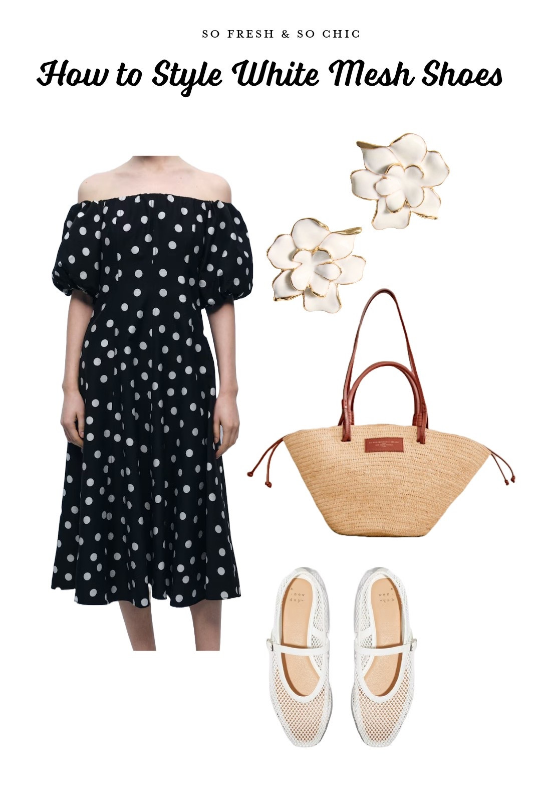 How to style white mesh Mary Jane’s! 
-
Affordable outfit - spring outfit - black and white polka dot dress - midi dress - off shoulder dress - spring wedding guest dress - basket bag - flower earrings - mesh flat shoes - target shoes - mango outfit - mango dress - mango woven basket bag - running errands outfit 

#LTKShoeCrush #LTKStyleTip #LTKFindsUnder100
