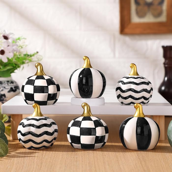DoubleFill 6 Pcs Black White Checked Ceramic Pumpkin Fall Table Centerpiece | Amazon (US)
