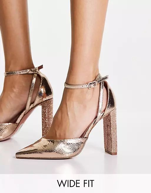 ASOS DESIGN Wide Fit Praise embellished high heeled shoes in rose gold | ASOS (Global)