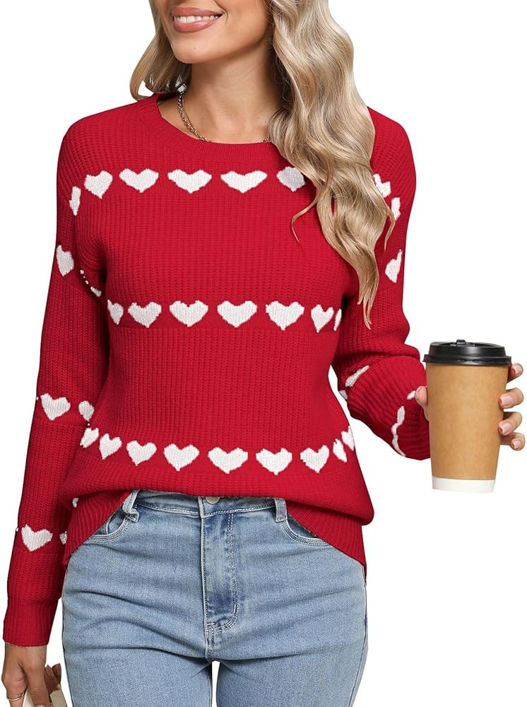 Women's Pullover Sweaters Long Sleeve Crew Neck Cute Multi-Hearts Knitted Casual Sweater | Amazon (US)