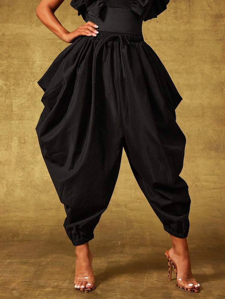 Vixey Pleated Oversized Pleated Structure Elastic Waistband Harem Joggers, Going Out | SHEIN