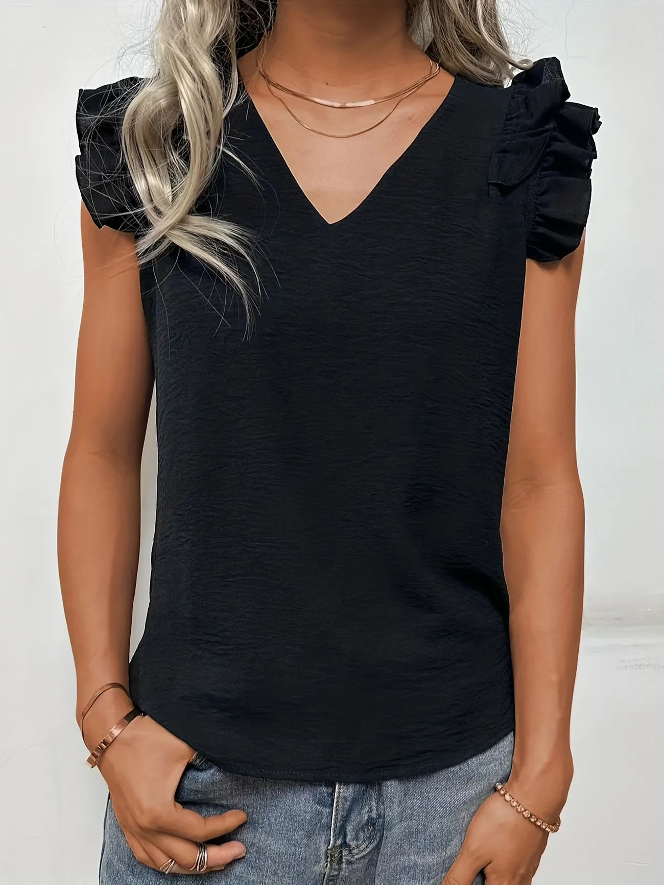 Layered Ruffle Trim Blouse, Casual V Neck Solid Sleeveless Summer Blouse, Women's Clothing | Temu Affiliate Program