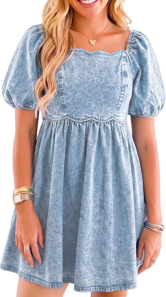 Denim Dress Babydoll Jean Square Neck Puff Sleeve Casual Country Concert Dresses with Pockets for... | Amazon (US)