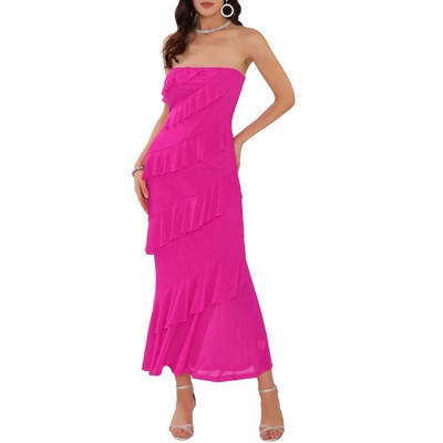 INSPIRE CHIC Women's Ruffled Tiered Strapless Maxi Dress Hot Pink XX-Large | Target