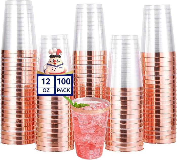 JOLLY CHEF 100 Pack Rose Gold Plastic Disposable Cups, 12 oz Clear Plastic Cups Tumblers, Elegant... | Amazon (US)