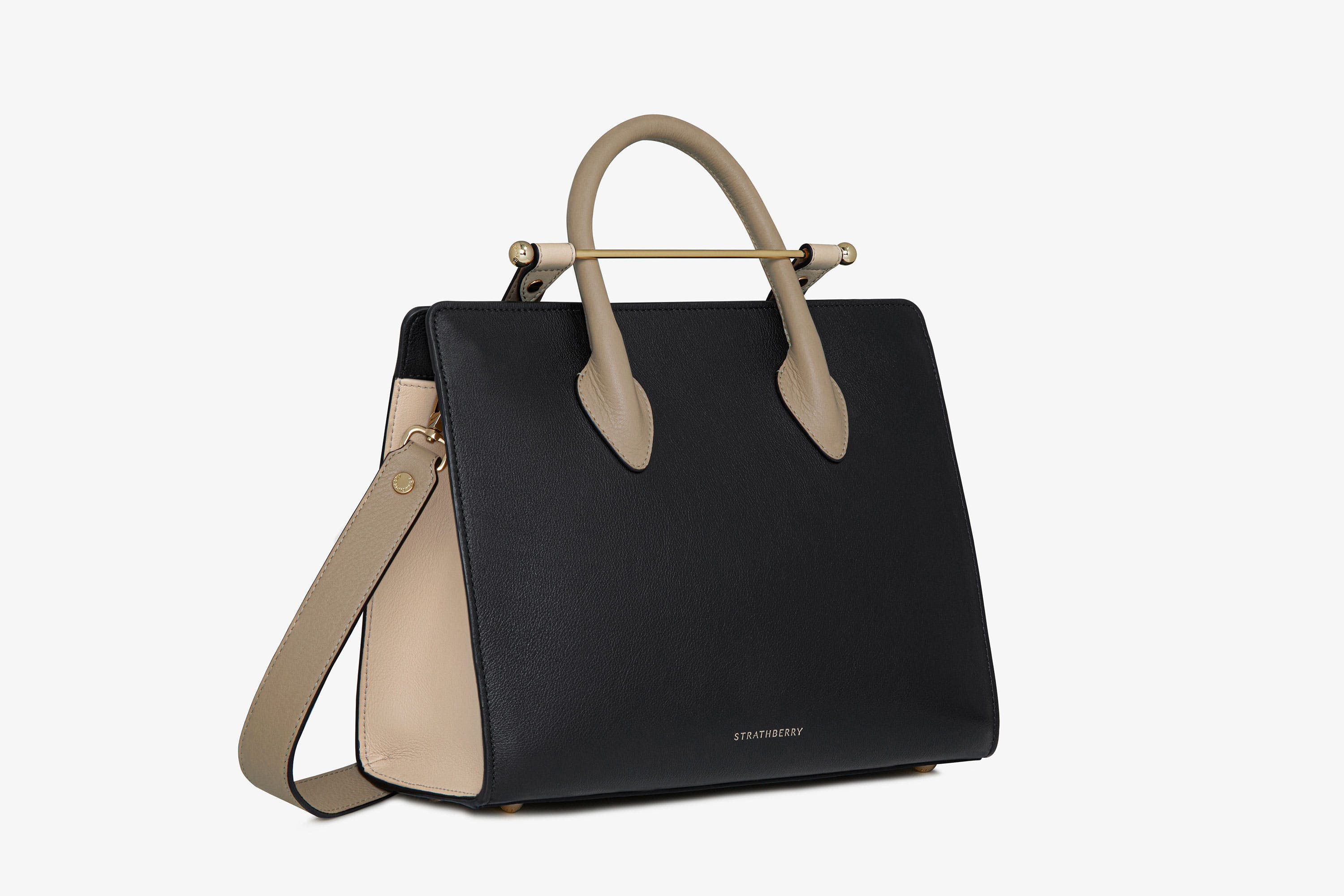 The Strathberry Midi Tote - Top Handle Leather Tote Bag - Black / Natural / Beige | Strathberry