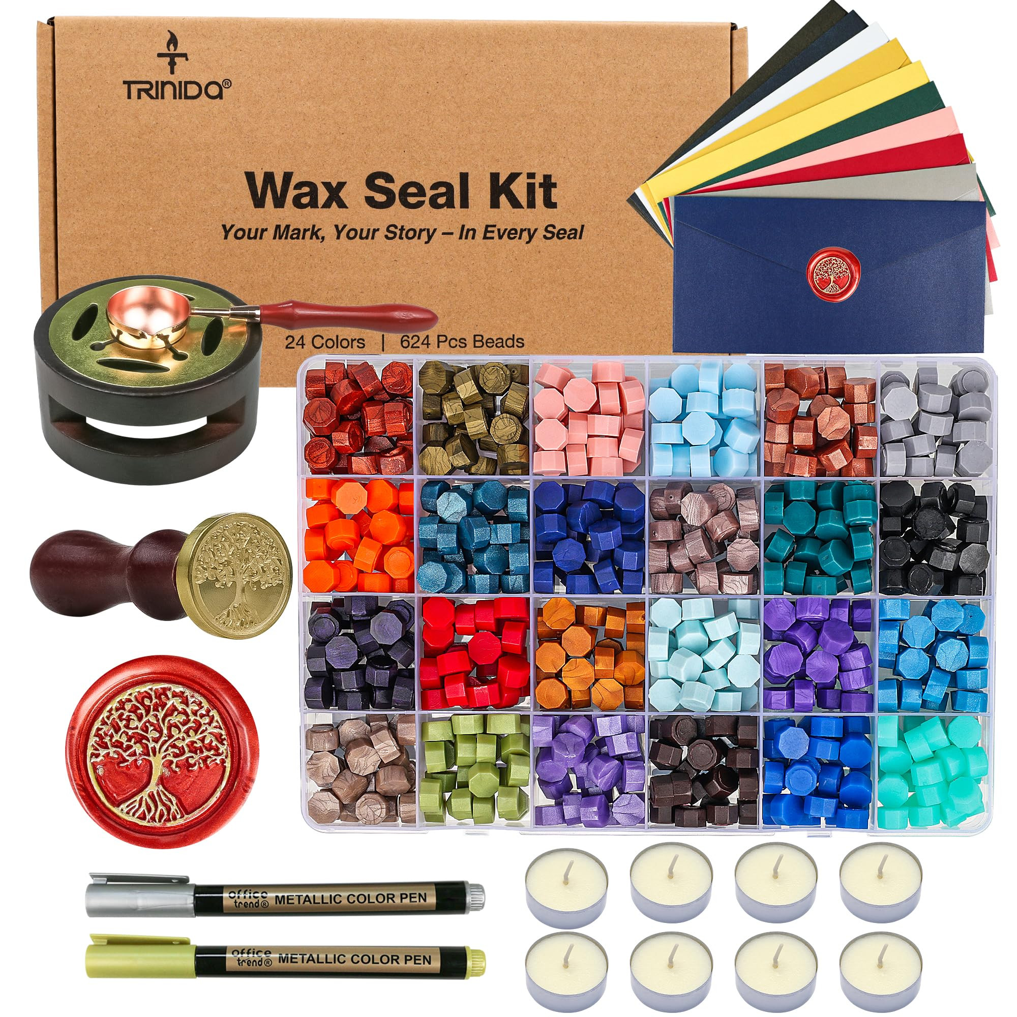 TRINIDa Wax Seal Kit, Premium Wax Seal Stamp Kit with 24 Colors 624 Pcs Beads, Metallic Pens, War... | Amazon (US)