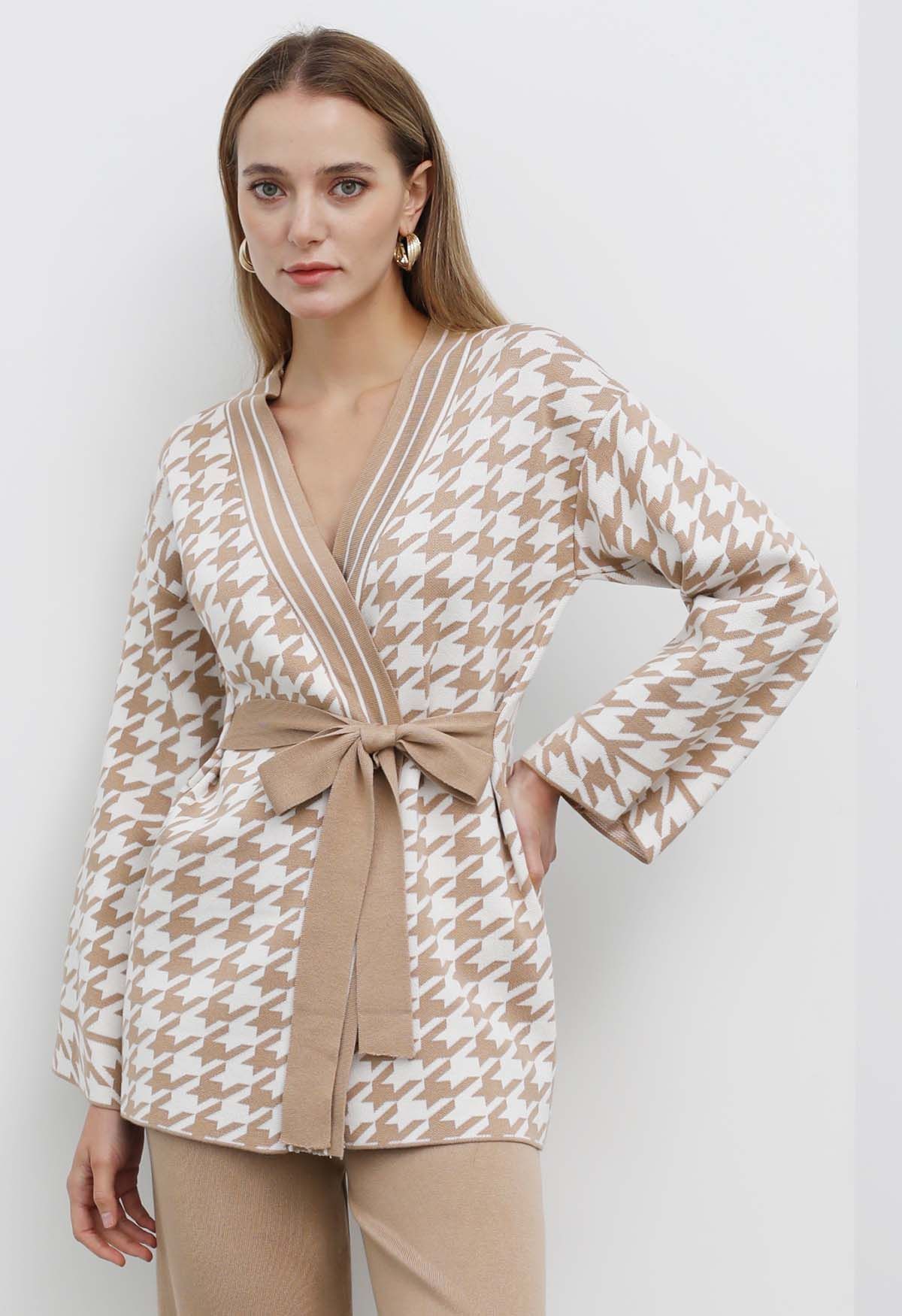 Houndstooth Self-Tie Wrap Knitted Cardigan and Pants Set in Tan | Chicwish