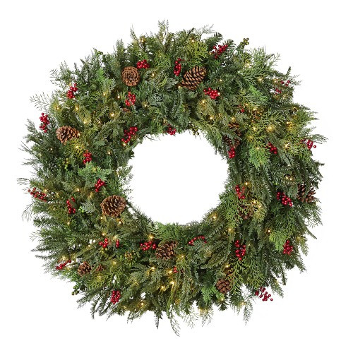 Balsam Hill Outdoor Winter Evergreen Wreath, 48"", LED Clear Plug-In | Williams-Sonoma