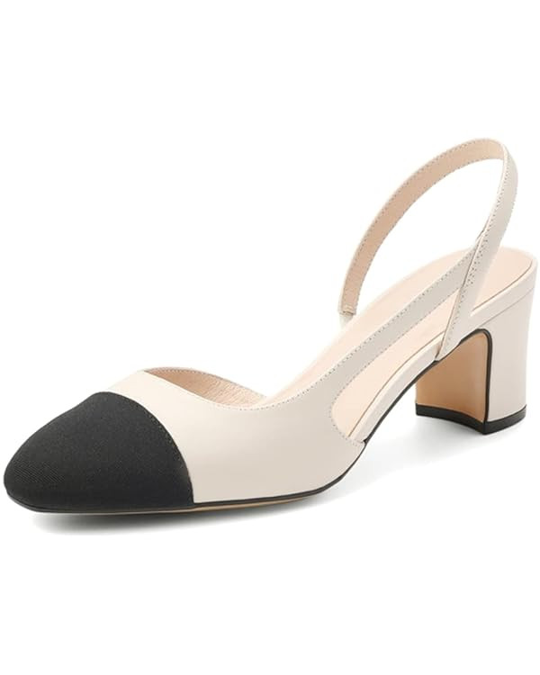MICIFA Slingback Heels for Women，Round Toe Chunky Heeled Pumps Ankle Strap Fashion Splicing Dre... | Amazon (US)