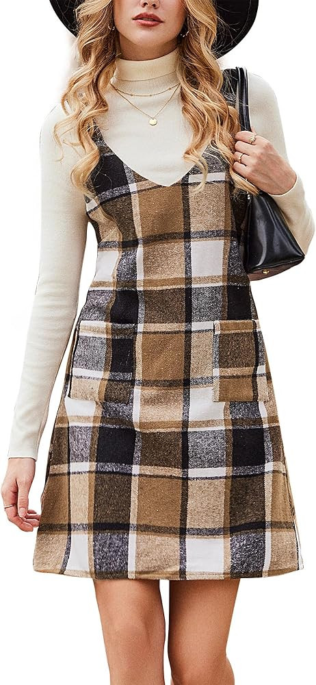 CUPSHE Fall Dresses for Women V Neck Plaid Sleeveless Wide Strpas Pockets Casual Pinafore Mini Ov... | Amazon (US)