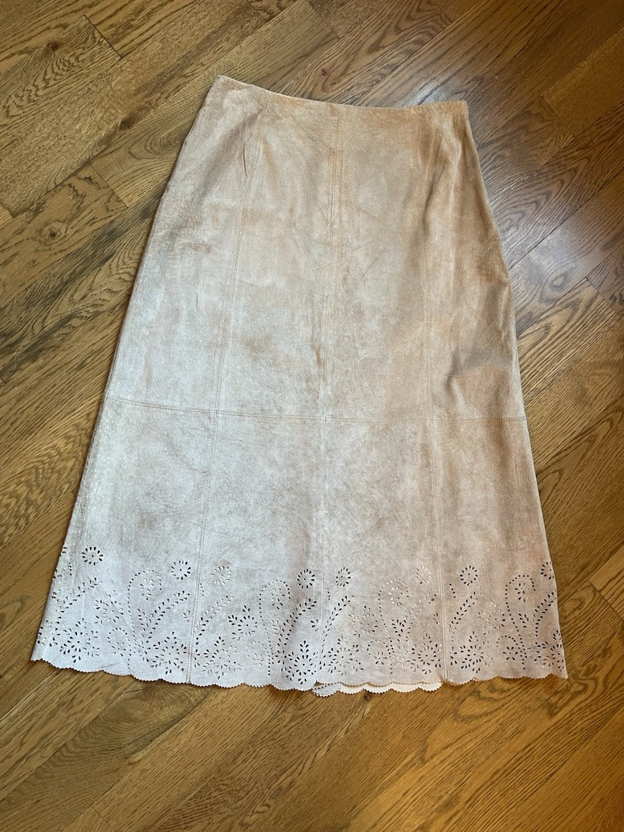 Vintage Coldwater Creek Tan Khaki suede leather laser cut maxi Skirt Size 8P | eBay US