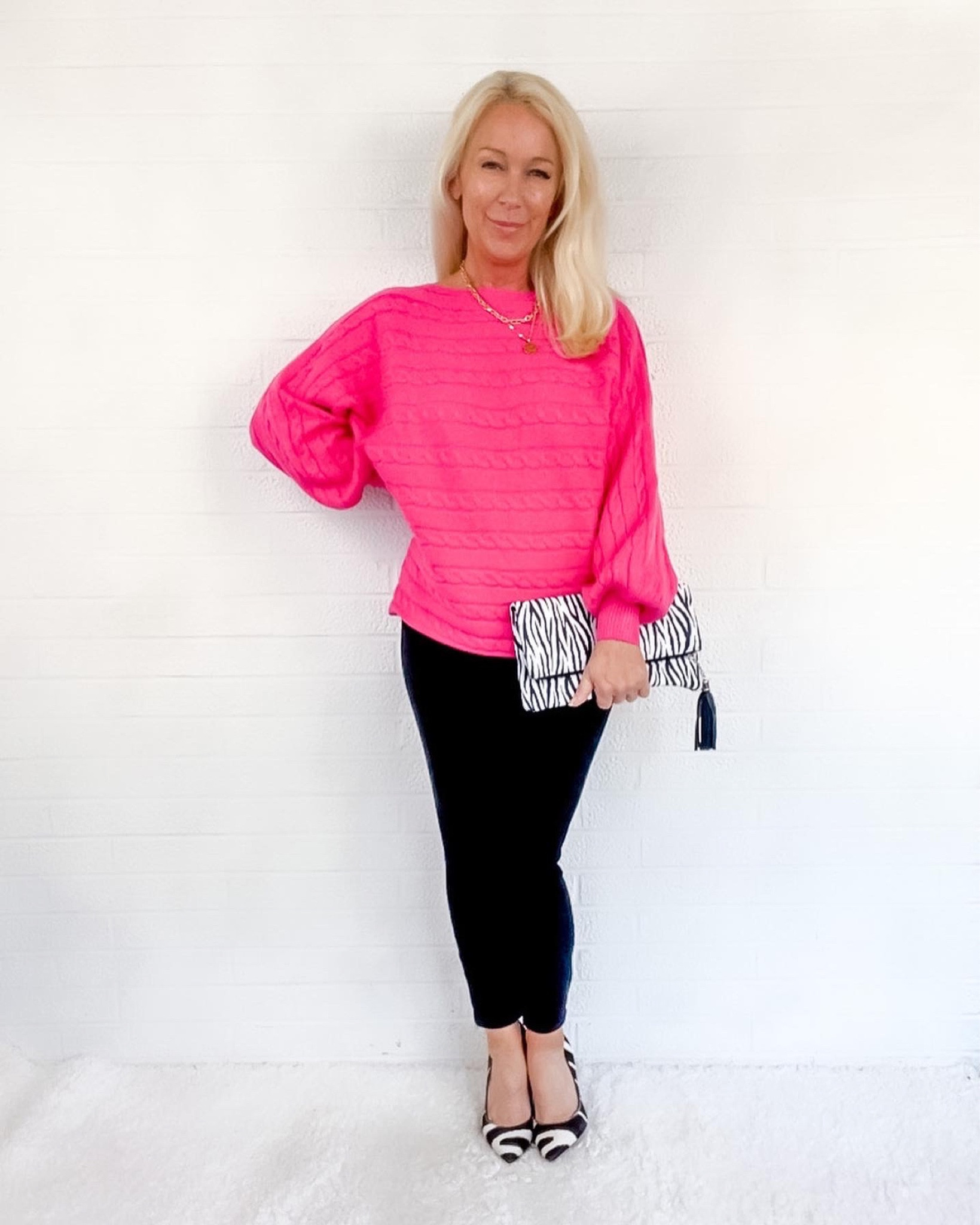 Night Out looks for Midlife Women! 5’1 4P:
- Bubblegum pink wide neck sweater S
- Slimming black jeans SP
- Zebra stripe clutch
- Zebra pumps

#LTKunder50 #LTKshoecrush #LTKSeasonal