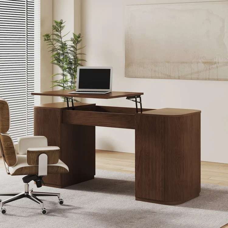 Free Shipping on Modern Walnut Standing Writing Desk with 2 Doors & Ample Storage Office Desk｜H... | Homary