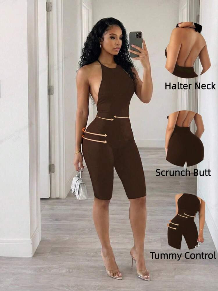 Sirith Women's Mocha Brown Knitted Halter Neck Sleeveless Short Unitard Backless Colorblock Tummy... | SHEIN