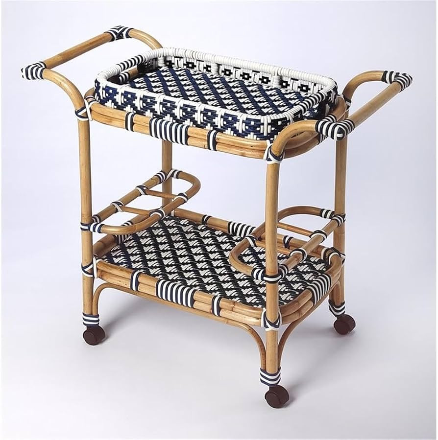 Beaumont Lane Rattan Bar Cart, Blue and White Finish, PE Plastic Weave with Casters, Removable Tr... | Amazon (US)
