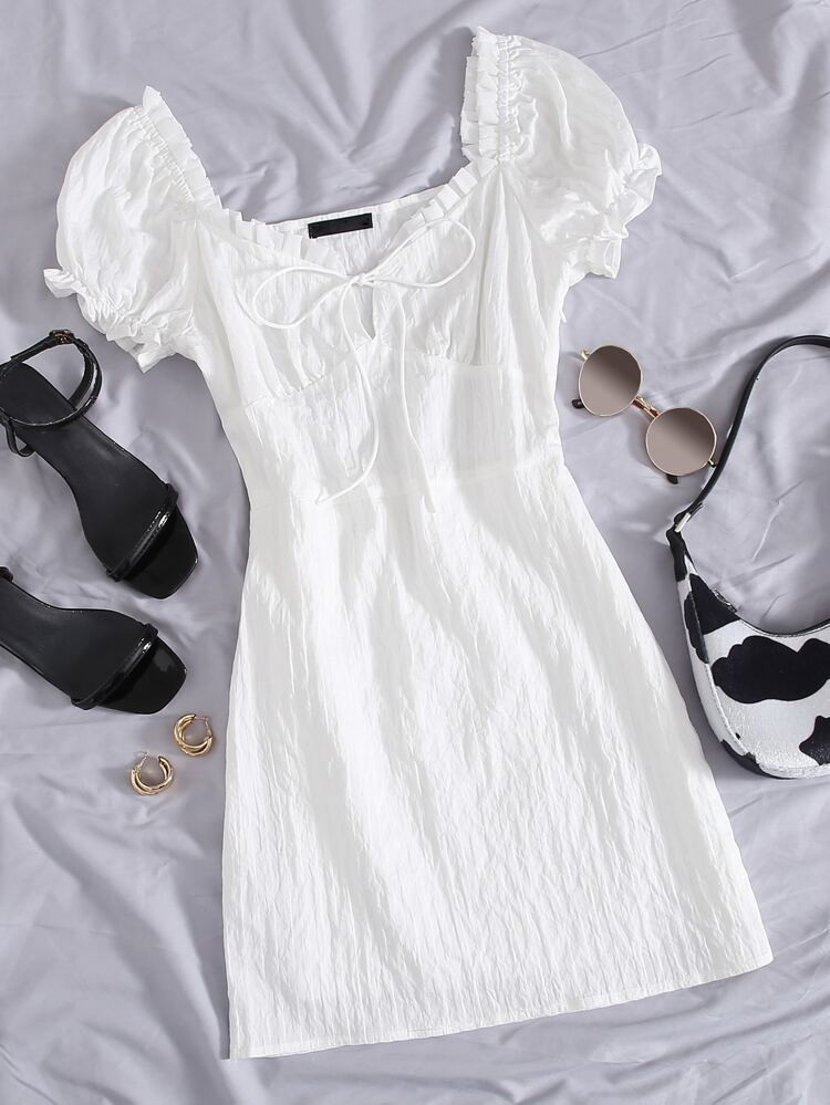 Plus Tie Neck Frill Trim Ruched Bust Dress | SHEIN