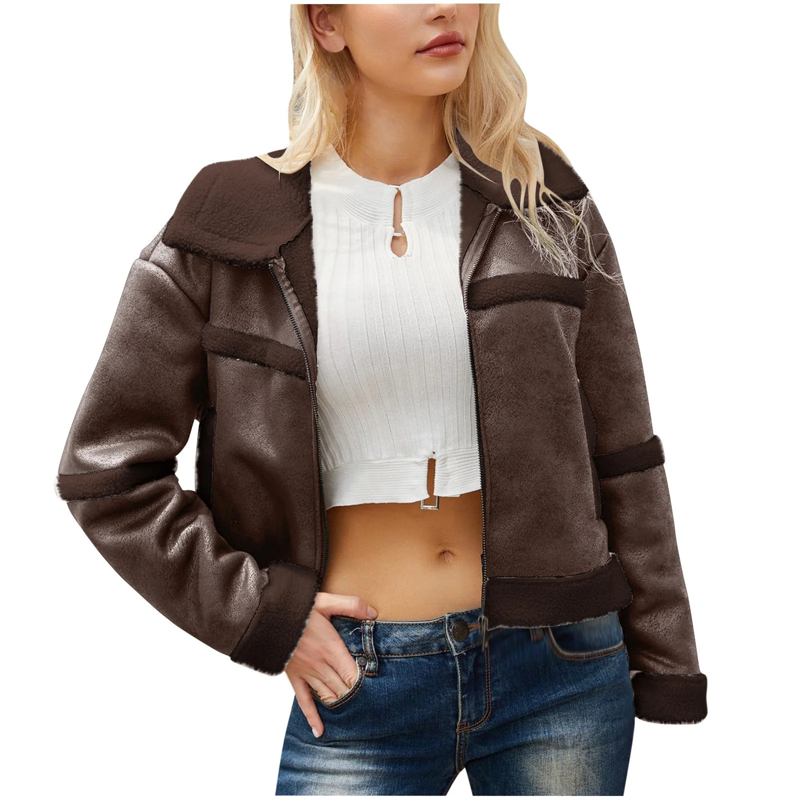 Lovskoo Women's Winter Coat Faux Suede Leather Shearling Moto Jacket Long Sleeve Windproof Bomber... | Walmart (US)