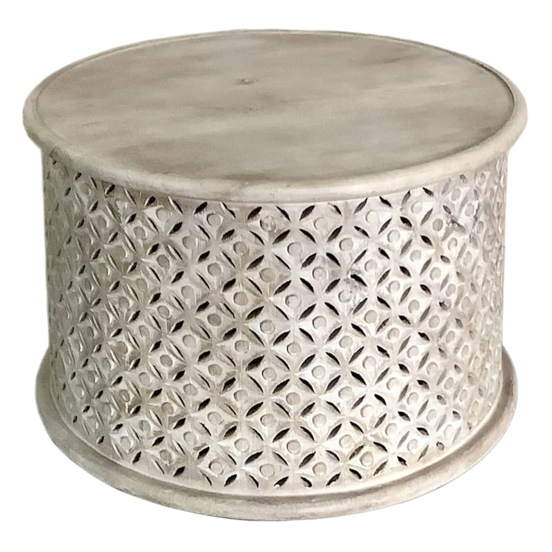 Wooden Cutout Drum Coffee Table, White Washed Finish | At Home