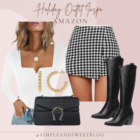 Holiday outfit inspo! Love this herringbone skort, pair it with a bodysuit and a tall boot! Would look great with tights underneath also! 

#AmazonFashion #FoundItOnAmazon #FoundItOnAmazonFashion.

#LTKSeasonal #LTKHoliday #LTKstyletip
