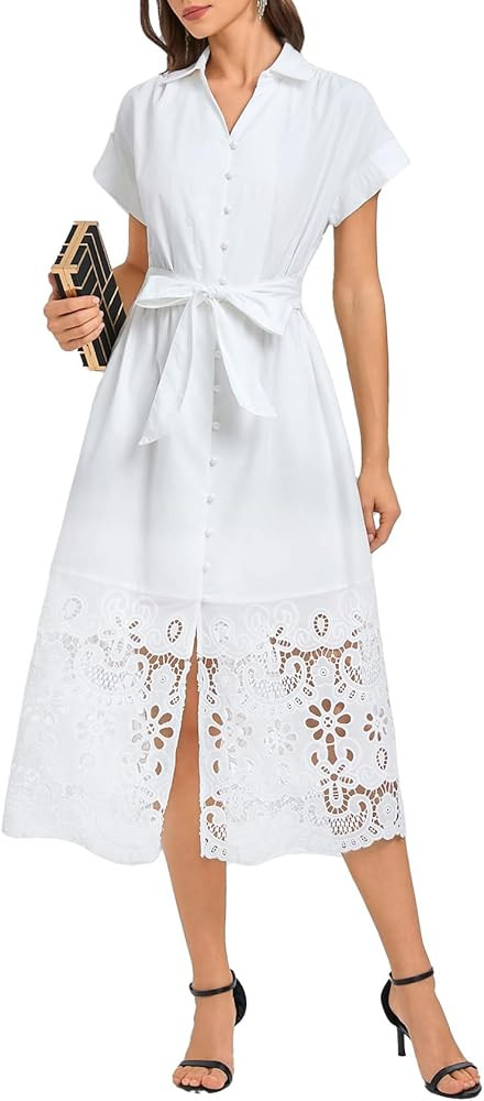 LLADYFUL Women's Button Down Shirt Dress Belted Short Sleeve Midi Dresses Hollow Collared Busines... | Amazon (US)