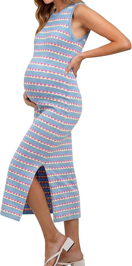OUGES Women's 2026 Summer Maternity Dress Knit Sleeveless Crewneck Midi Dress Side Slit Striped B... | Amazon (US)