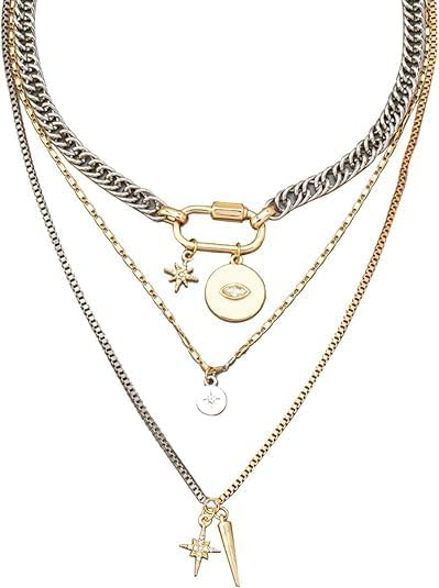QCWN Gold Layered stacked Necklaces for women 3PS Chunky Statement Necklaces Stack Mixed Metal Ch... | Amazon (US)