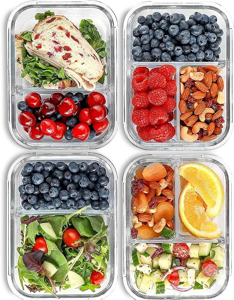 FIT Strong & Healthy 2 & 3 Compartment Glass Meal Prep Containers (4 Pack, 32 oz) - Glass Food St... | Amazon (US)