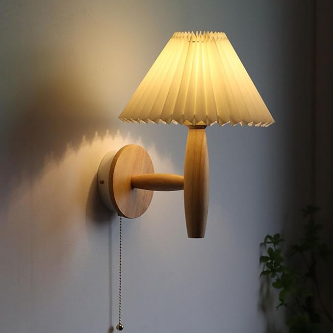 Retro Wood Wall Lamp Pull Cord with Switch Wall Mount Wall Light Bedrooms Bedside Reading Lamp Co... | Amazon (US)