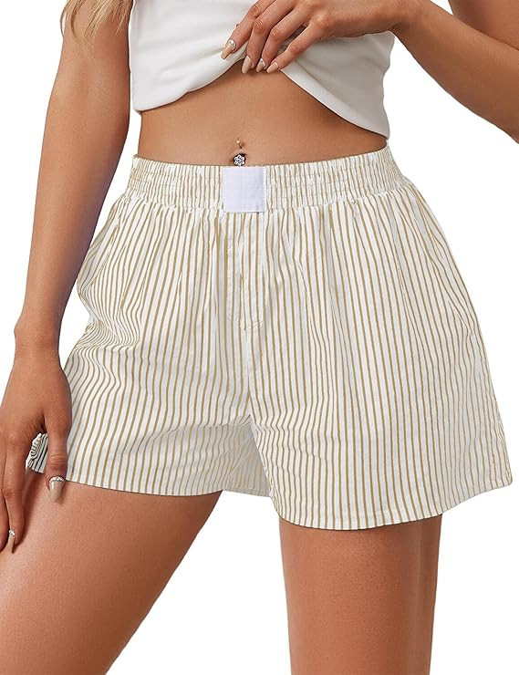 Womens Lounge Shorts Striped Elastic Waist Pajama Shorts Summer Causal Boxers Bottoms Comfy Sleep... | Amazon (US)