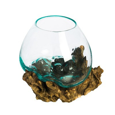 Evergreen 10" H Hand-Blown Blue Tinted Bubble Glass On Natural Teak Driftwood Terrarium | Home Décor Indoor Planter with Stand | Target