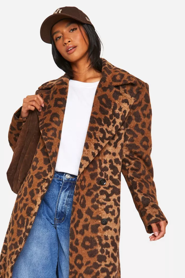 Petite Leopard Print Oversized Wool Look Coat | boohoo (US & Canada)