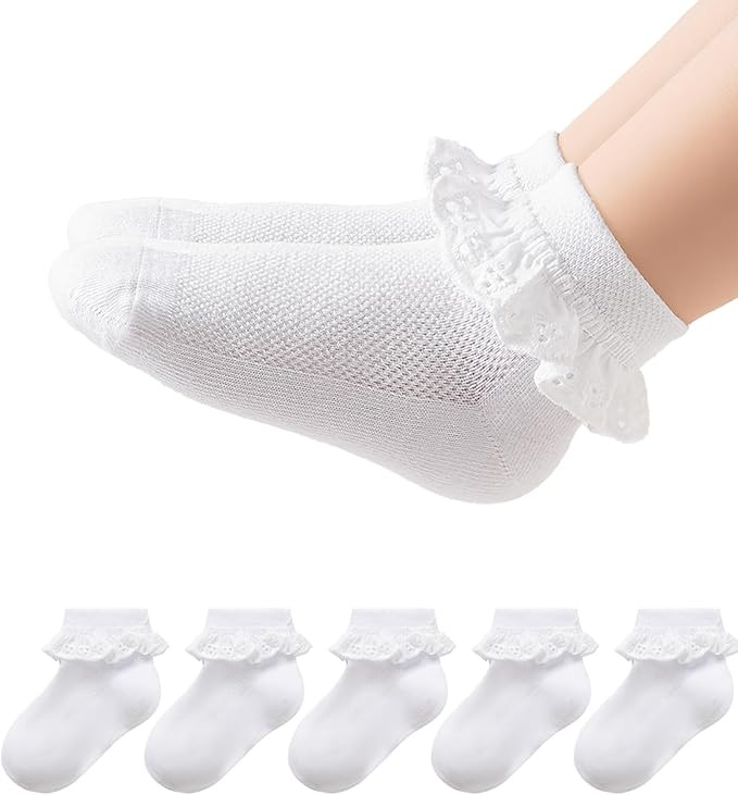 Funjoon 2-8Y Girls Toddler Little Girls White Ruffle Socks Dress Lace Frilly Cute Ankle Cotton Sc... | Amazon (US)