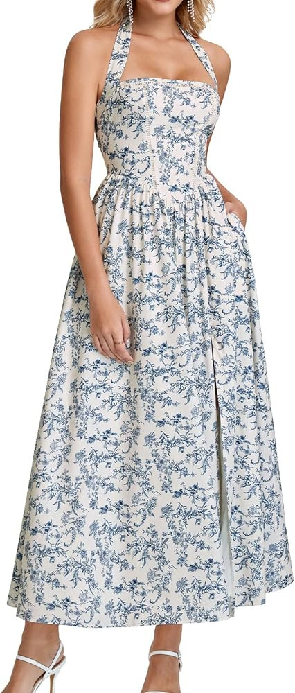 GLNEGE Womens Halter Midi Corset Dresses Spring Summer Wedding Guest Floral Dress Flowy Slit Tea ... | Amazon (US)