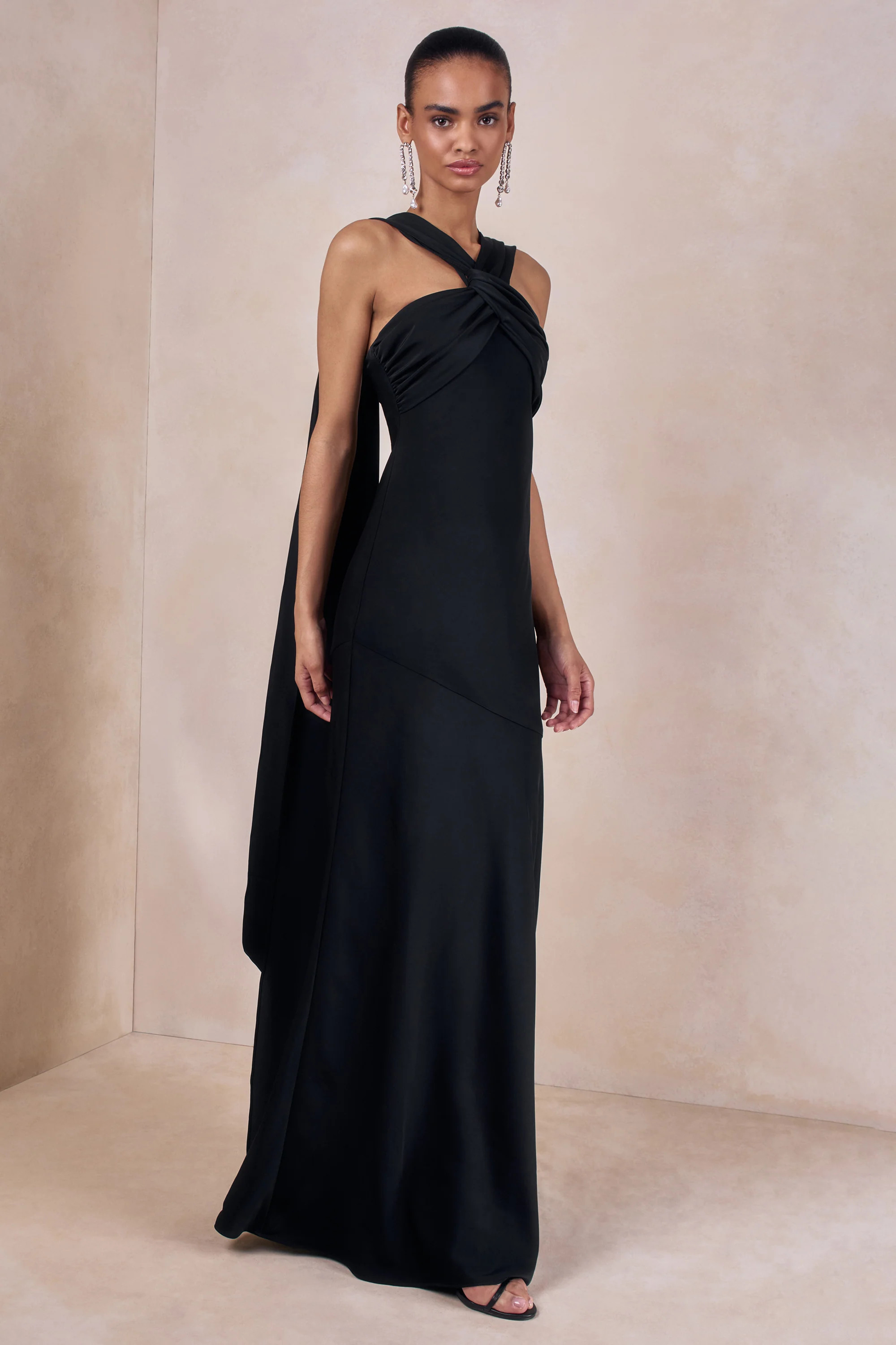 Sloane | Black Matte Satin Halter-Neck Maxi Dress With Cape | Club L London