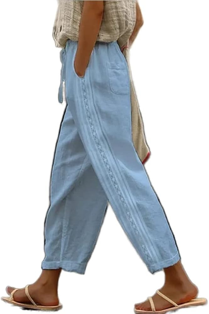 Womens Cotton Linen Pants Elastic High Waisted Lace Patchwork Comfy Loose Summer Beach Pants with... | Amazon (US)