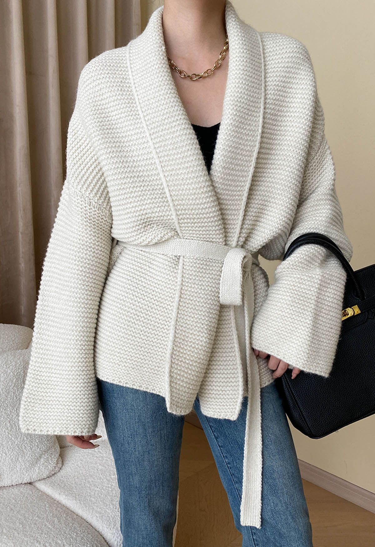 Collared Self-Tie Wrap Waffle Knit Cardigan in Ivory | Chicwish