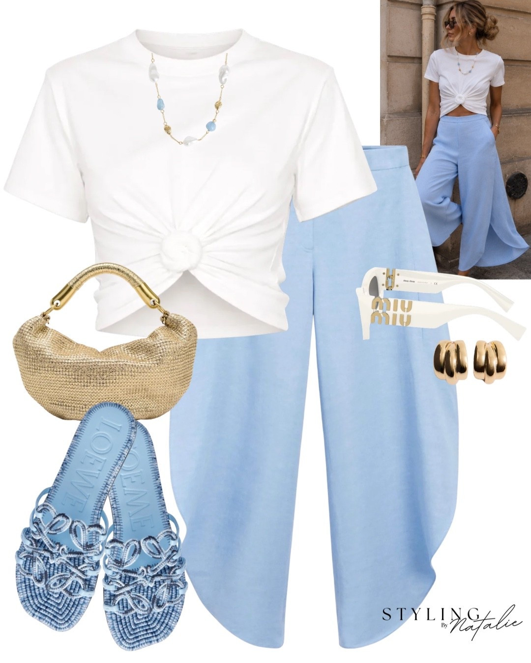 Blue summer look 🩵
White knotted crop top, blue linen flowy vented trousers, Loewe sandals, metallic bag, Miu Miu sunglasses and gold jewellery. 
Comfy casual, breezy, summer holiday, vacation outfit

#LTKsummer #LTKuk #LTKeurope