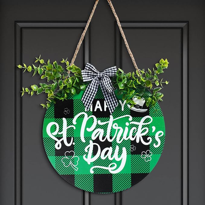 St Patrick's Day Door Sign Green Buffalo Plaid Wooden Hanging Sign Shamrock Decoration Irish Luck... | Amazon (US)