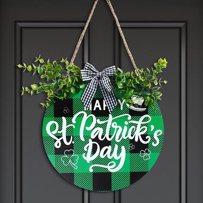 St Patrick's Day Door Sign Green Buffalo Plaid Wooden Hanging Sign Shamrock Decoration Irish Luck... | Amazon (US)