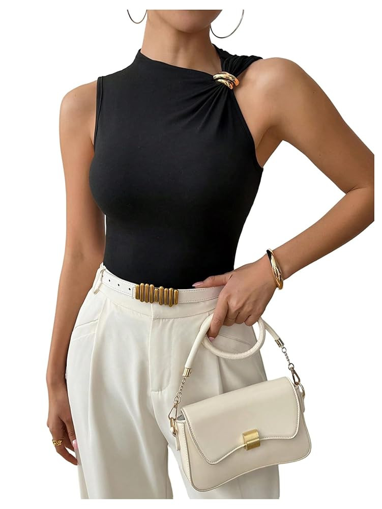 Milumia Women's Y2K Ring Asymmetrical Neck Tank Top Sleeveless Slim Fit Casual Tops | Amazon (US)