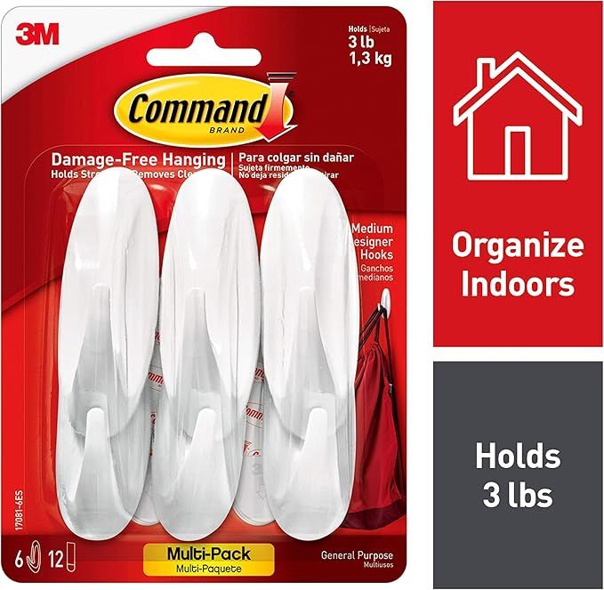 Command Designer Hooks, Medium, White, 6-Hooks (17081-6ES), Organize and decorate your dorm | Amazon (US)