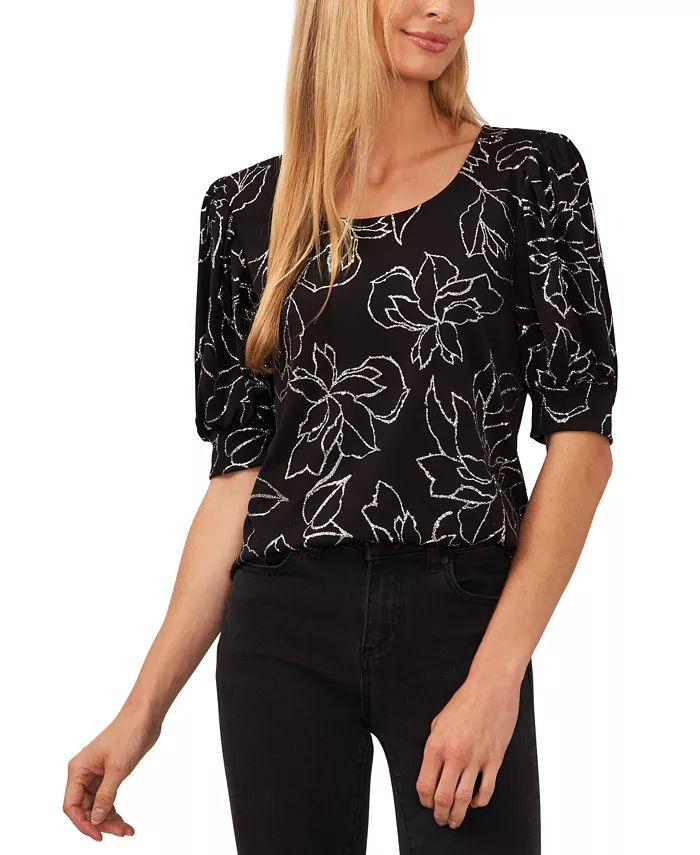 Women's Glitter-Print Puff-Sleeve Top | Macy's