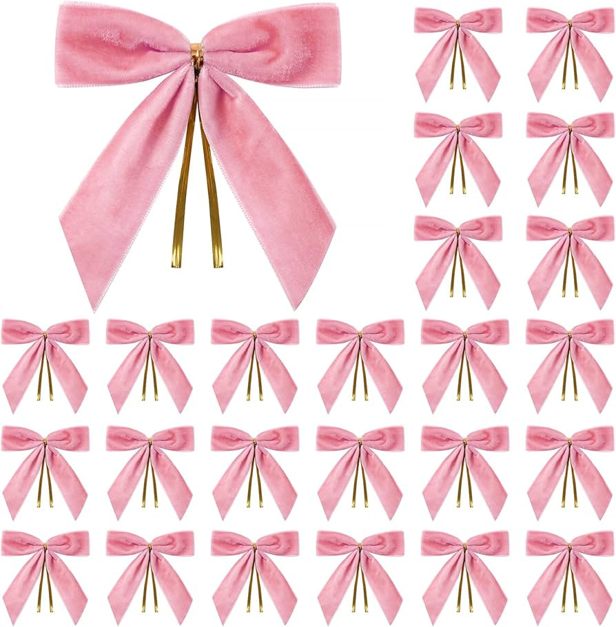 24 Pcs Pink Small Velvet Christmas Bows for Christmas Tree, Wreath, Gift Wrapping, Crafts, Weddin... | Amazon (US)