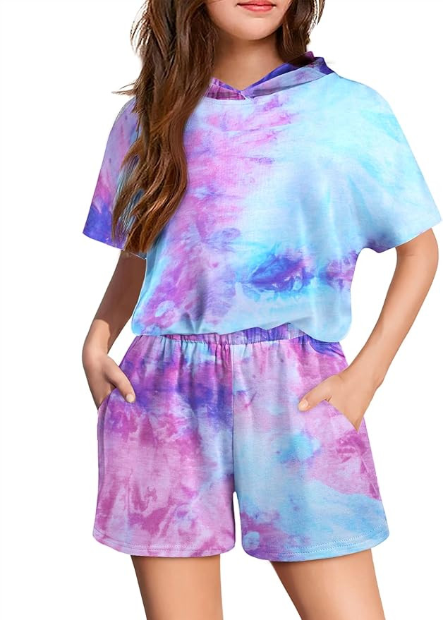Arshiner Girls Tie Dye Two Piece Outfit Short Sleeve Pullover Crop Tops and Short Pants Sweatsuit... | Amazon (US)