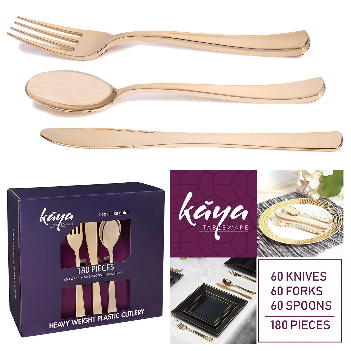 Plastic Silverware Set - Gold Cutlery - Disposable Flatware, 60 Forks, 60 Knives and 60 Spoons (1... | Walmart (US)